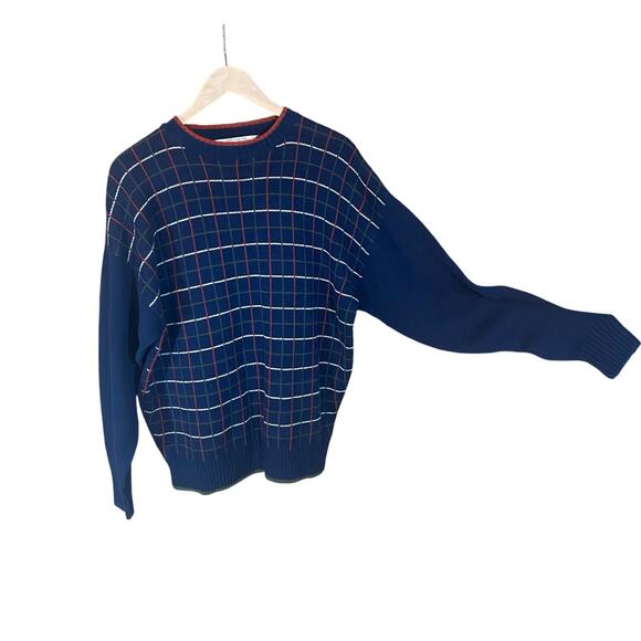 Vintage RGM Chairman’s Collection Sweater M Navy Grid Check Made in Hong Kong - Picture 1 of 5